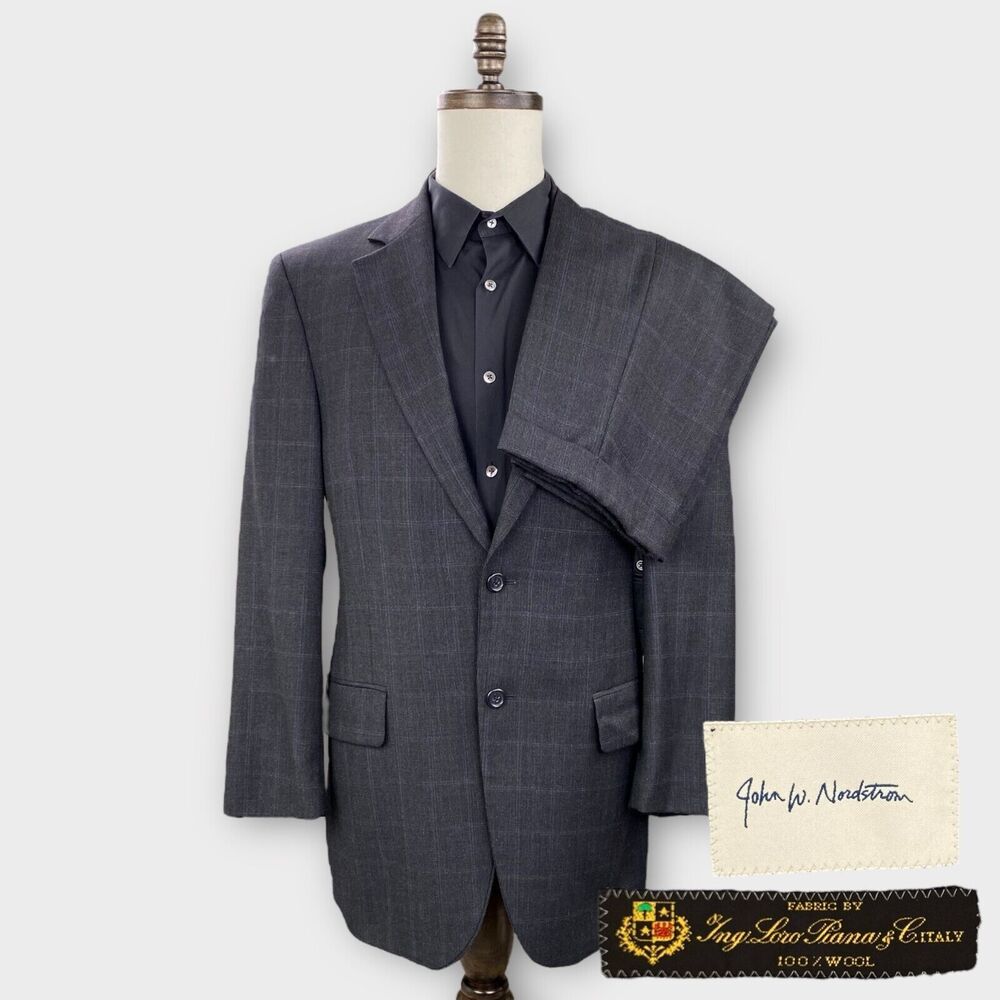 John W Nordstrom Loro Piana Suit Mens 40R 34x29 Windowpane Check Charcoal Wool
